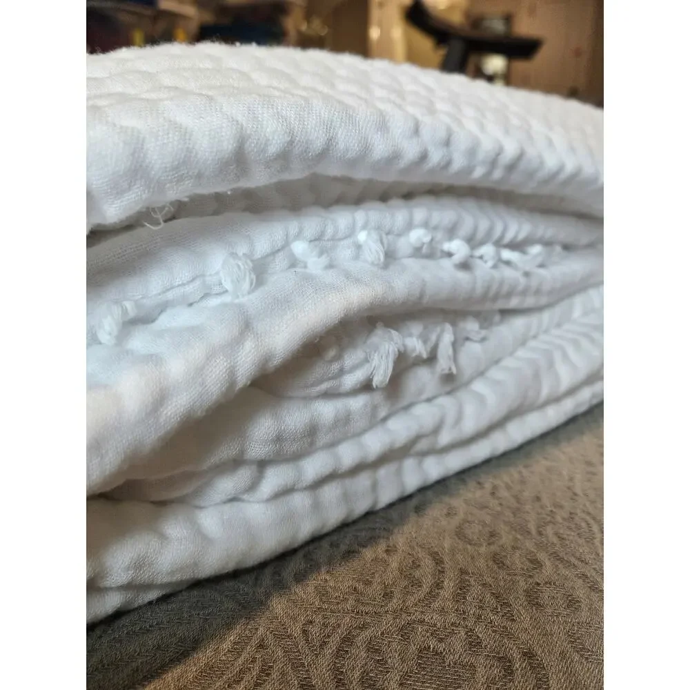 Anthropologie Reversible Airy Gauze White Queen Duvet Cover Fringe Edge Boho